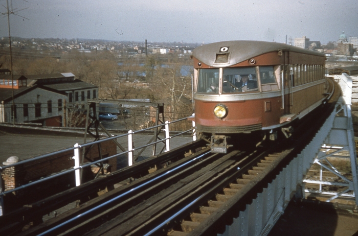 P&W "Bullet" car #200 on the Norristown High-Speed Line, in a picture probably taken in the late 1950s (Author's collection)