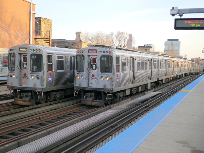 CTA Brown Line subway trains passing each other at Armitage, March 8, 2013