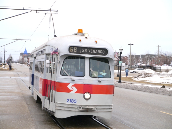 2185 in action, still signed for the SEPTA #56 streetcar line (Erie-Torresdale).