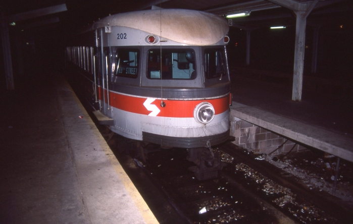 SEPTA ex-P&W "Bullet" car #202 in service on the Norristown High-Speed Line in 1985. (Photo by David Sadowski)