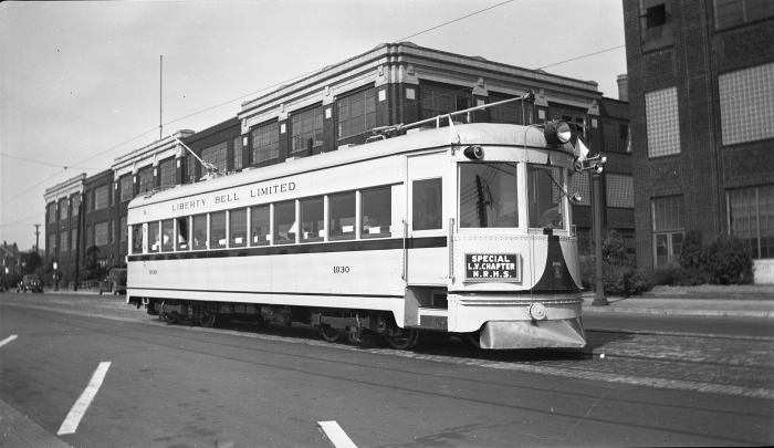 Indiana Railroad #55, reincarnated as Lehigh Valley Transit #1030, seen here in Alletown PA on an August 28, 1941 NRHS fantrip. This was the beginning of the car's 10-year career here. (Author's collection)