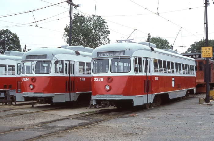 MBTA 3334 and 3338 at Mattapan in 1977. (Author's collection)