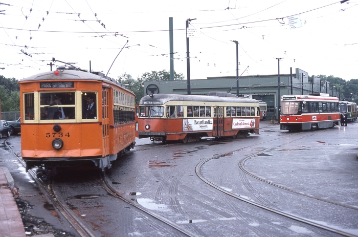 Four different types of streetcars in one picture: a "Type 5," PCC, Toronto CLRV, and a Boeing LRV. (Author's collection)