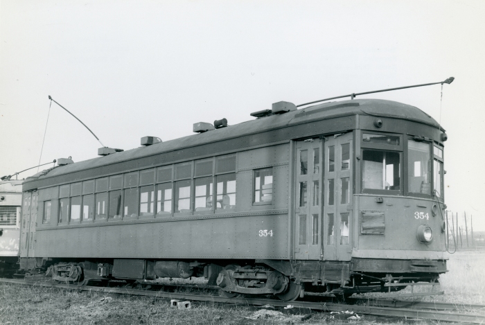 North Shore Line city car 354 on November 27, 1954, at the Chicago Hardware Foundry Co., one of the first acquisitions of the Illinois Electric Railway Museum, today's IRM in Union. (Photo by Bob Selle, Author's collection)