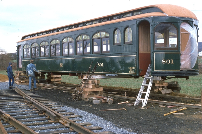 Lehigh Valley Transit interurban car 801, built by Jewett Car Co. in 1912, became a cottage for a time, but was eventually restored. Here we see it about to receive the trucks from sister car 808, which spent time in the Philadelphia subway doing trash collection. Currently, 801 is at the Electric City Trolley Museum in Scranton, PA. (Author's collection)