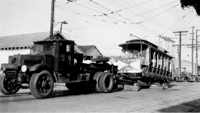 Here, we see Five Mile Beach Electric Railway car 36 in 1945, being transported to its current home at the Connecticut Trolley Museum in East Windsor. (Author's collection)