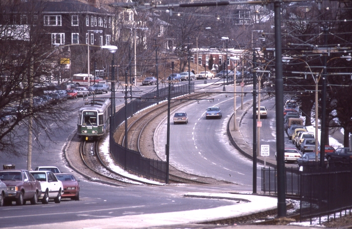 MBTA LRV 3446 on the Commonwealth Avenue line in the 1980s. (Photo by David Sadowski)