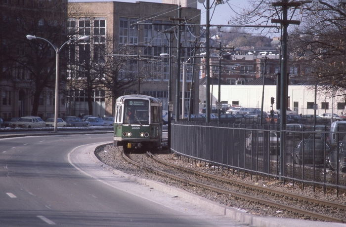 MBTA LRV 3446 on the Commonwealth Avenue line in the late 1980s. (Photo by David Sadowski)