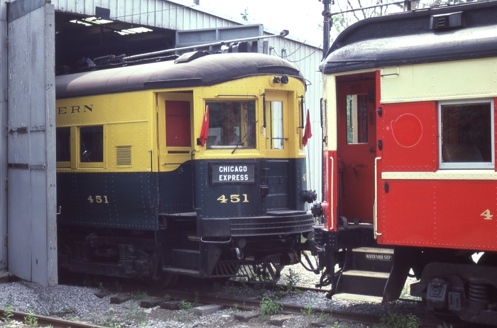 A 1984 shot of CA&E 451 (with a rather odd color scheme) in Olmstead Township, Ohio on the Columbia Park and Southwestern aka "Trolleyville USA." This car is now at the Illinois Railway Museum. (Photo by David Sadowski)