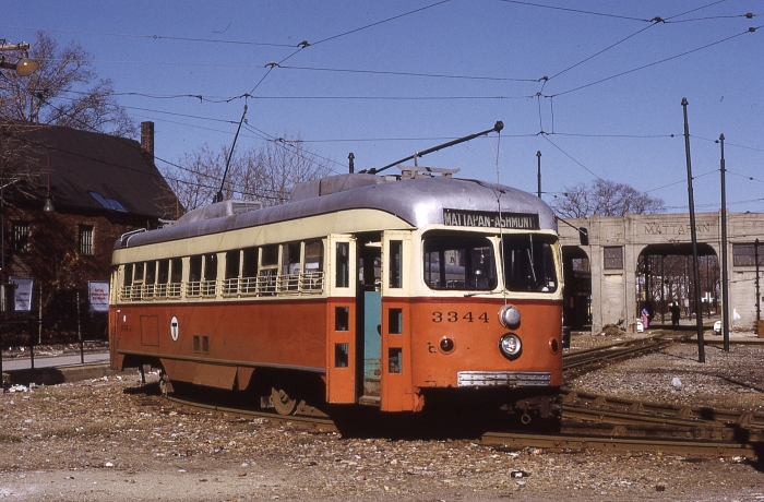 Double-end PCC car 3344 at Mattapan in the late 1960s. (Author's collection)