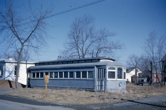 In this early 1950s view, a Lehigh Valley Transit Co. city streetcar has been converted into someone's storage shed or chicken coop. (Author's collection)