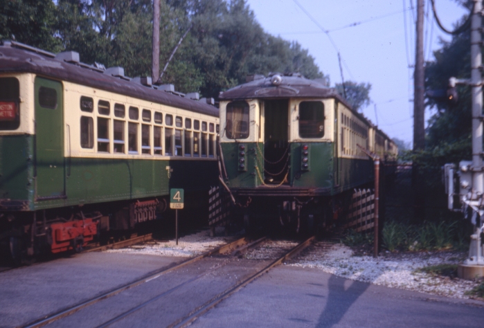 4000s in the twilight (literally) of their Evanston/Wilmette service in the early 1970s. (Author's collection)