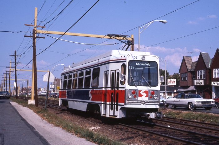 SEPTA Kawasaki-built LRV #106 near the Avon Road station in Upper Darby, PA in August 1983. (Author's collection)