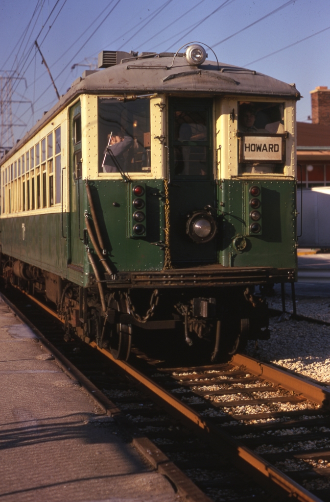 CTA 4271 at Dempster (Skokie Swift) on October 21, 1973, shortly before being repainted in brown. (Photo by Arthur H. Peterson, Author's collection)