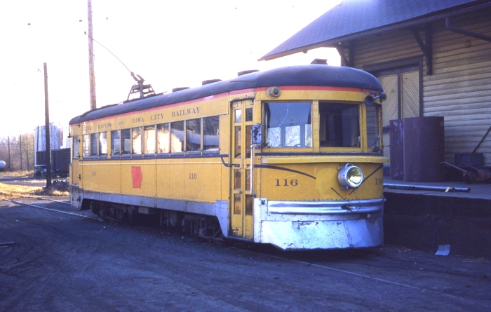 CRANDIC 116, ex-C&LE, in Iowa City on October 26, 1952. This car is preserved at the Branford Trolley Museum. (Author's collection)
