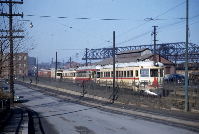 LVT cars 1006, 910, 1021, 1002 and C17 on the scrap track at Bethlehem Steel on January 23, 1952. In some cases, LVT scrapped city streetcars the day after they were taken out of service. (Author's collection)