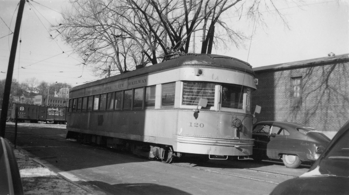 CRANDIC 120 at Iowa City on November 27, 1952. This car is preserved today at IRM as Indiana Railroad 65. (Author's collection)