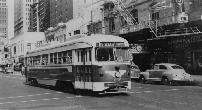 Double-end PCC cars like this ran in Dallas from 1945 to 1956, and then in Boston from 1959 to 1981. Sister car 612 (renumbered 3334 in Boston) has been purchased by the McKinney Avenue Transit Authority and may run again on Dallas streets, once restored. Here we see 616 in July, 1946. (Author's collection)