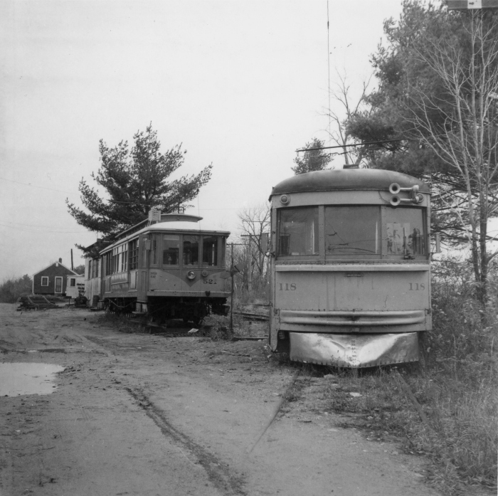 The Seashore Electric Railway Museum in Maine on October 26, 1955. At left we see ex-Los Angeles Railway narrow gauge car 521, with ex-CRANDIC (and C&LE) high-speed car 118 on the right. (Author's collection)