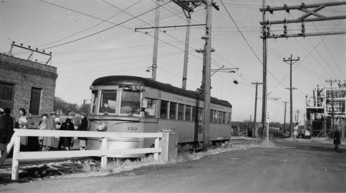 CRANDIC 120 at Iowa City on November 27, 1952. This car is preserved today at IRM as Indiana Railroad 65. (Author's collection)