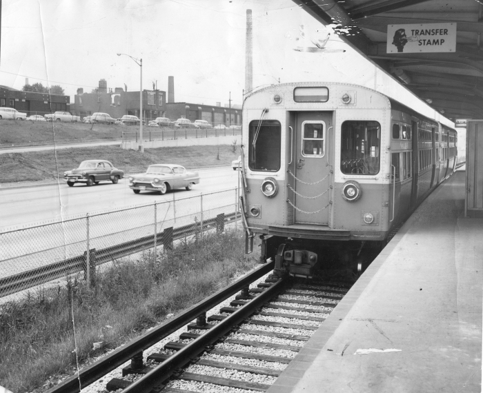 A CTA test train of 6000s in the brand new Congress Expressway median line on June 18, 1958, a few days before regular service began.