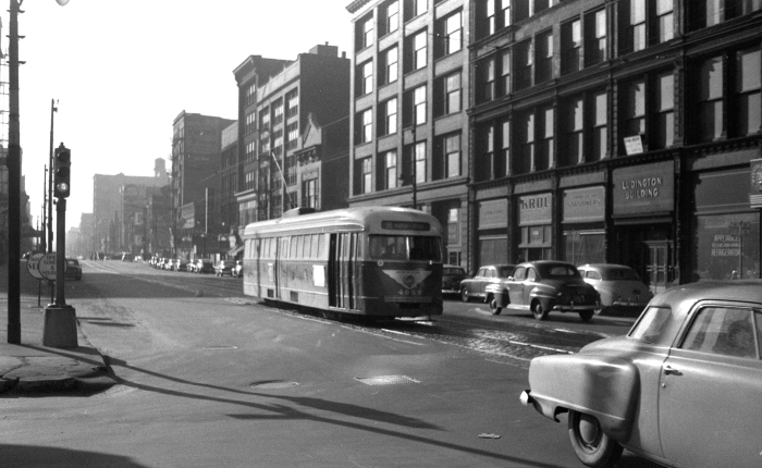 Frame 13 - "Prewar PCC, presumably 4-Cottage Grove, northbound on Wabash at 11th Street. The Ludington Building at right is a good clue." -GF "1104 S. Wabash Ave." -JW
