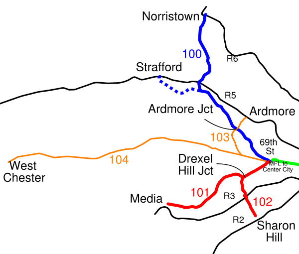 A map showing the historic Red Arrow trolley lines (from the Wikipedia).