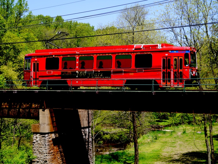 SEPTA LRV 101 on a bridge along the Media trolley line. (Photo by David Sadowski)