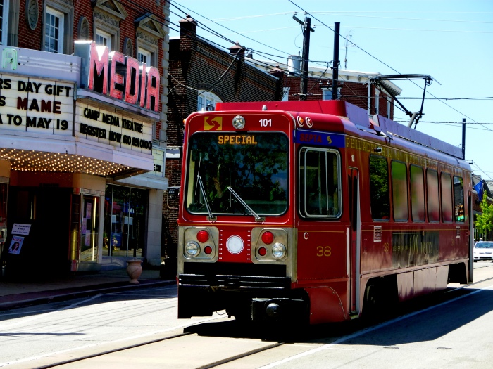 Car 101 running on State Street by the historic Media Theater. (Photo by David Sadowski)