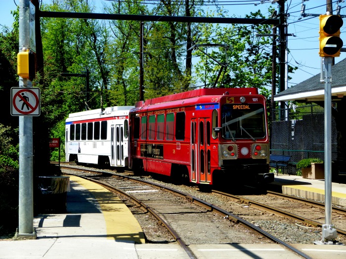 The fantrip train at Baltimore Avenue on the Sharon Hill line. (Photo by David Sadowski)