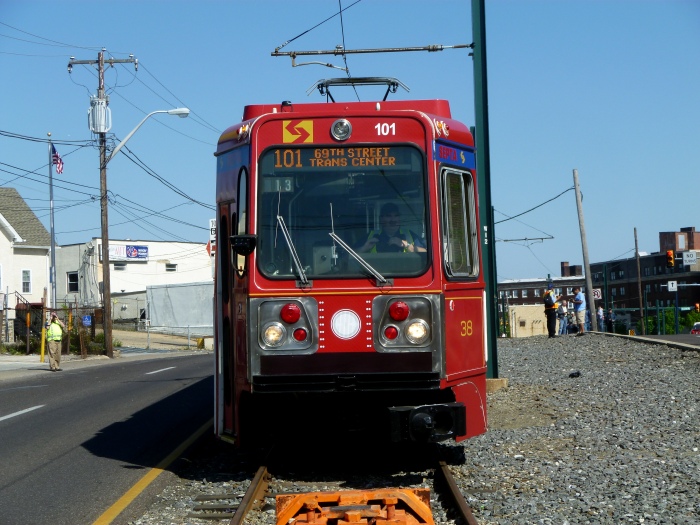 The literal "end of the line" for the Media fantrip. Car 101 poses near the bumper post at the outer end of a storage track made up of the last remnant of the old West Chester trolley line along West Chester Pike. (Photo by David Sadowski)