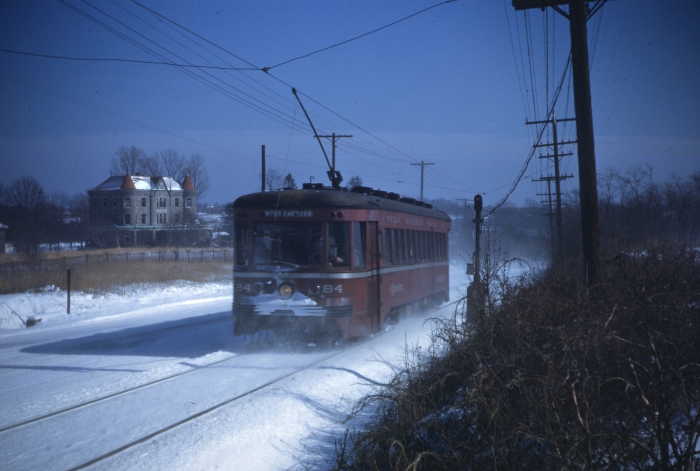 PST 64 zips through the snow alongside West Chester Pike in the 1940s.