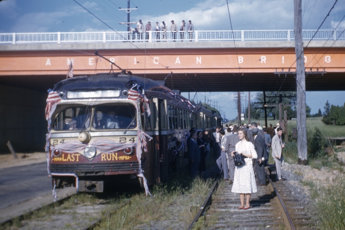 PST 24 on one of the "last runs" on the West Chester line in June, 1954. The location is where Route 202 crosses West Chester Pike.