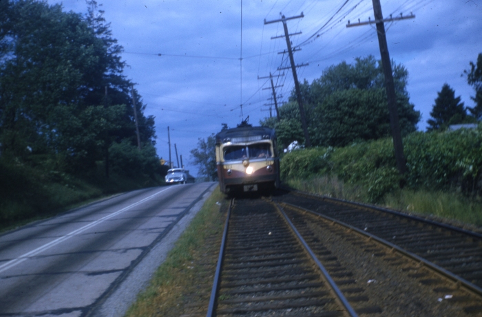PST 21 on side-of-road trackage alongside West Chester Pike in June, 1954.