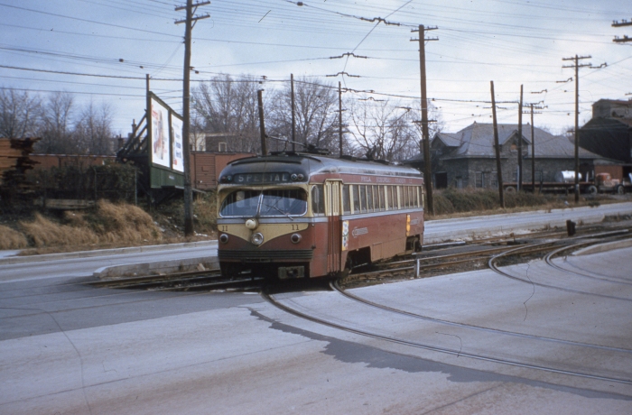 PST St. Louis car 11 on West Chester Pike near the Llanerch Depot on November 26, 1954. (Photo by Ray DeGroote)