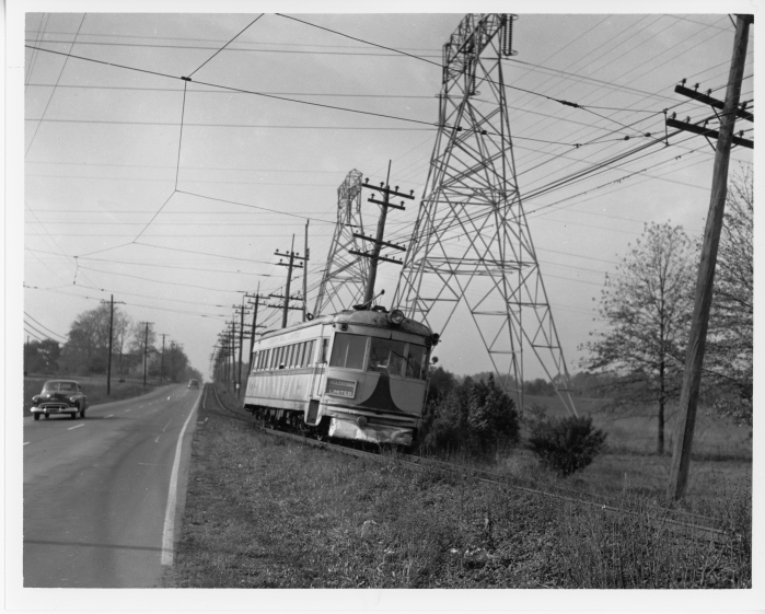 Lehigh Valley Transit ex C&LE lightweight northbound, leaving DeKalb Pike (US Route 202) near Center Square in October, 1950. (David H. Cope photo)