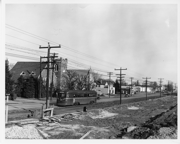 Philadelphia Suburban Transportation Company car 1 westbound on West Chester Pike between Manoa Road and Eagle Road on February 1, 1953 during the widening of West Chester Pike. (David H. Cope photo)