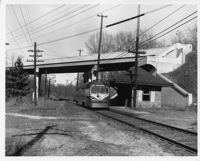 Philadelphia Suburban Transportation Company car 2 southbound at Chester Road on the Media line in 1952. (David H. Cope photo)