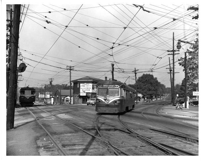 Philadelphia Suburban Transportation Company car 10 entering West Chester Pike from the Ardmore line, with 07 in the background at Llanerch. Car 10 was the last built by the Brill Company. The view is from September, 1952. (David H. Cope photo)