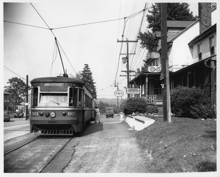 Philadelphia Suburban Transportation Company car 80 eastbound at Edgemont on June 3, 1954, the last day of West Chester operation. (David H. Cope photo)