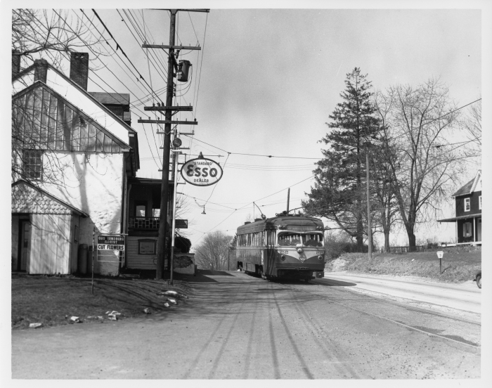 Philadelphia Suburban Transportation Company St. Louis car 22 eastbound at Edgemont on the West Chester line on April 10, 1954 - less than two months before the end of service. (David H. Cope photo)