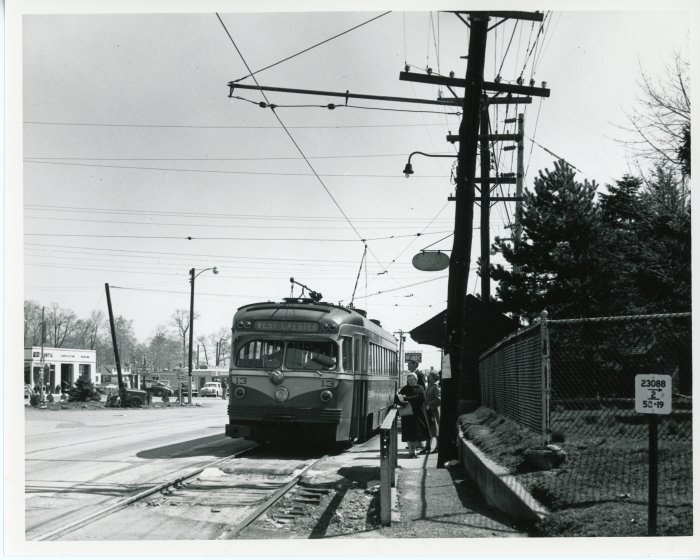 Philadelphia Suburban Transportation Company St. Louis car 13 westbound at Newtown Square (West Chester line) on April 10, 1954. (David H. Cope photo)