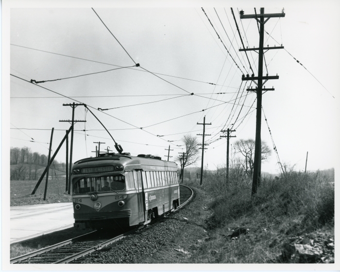 Philadelphia Suburban Transportation Company St. Louis car 24 eastbound at Street Road on the West Chester line on April 10, 1954. (David H. Cope photo)