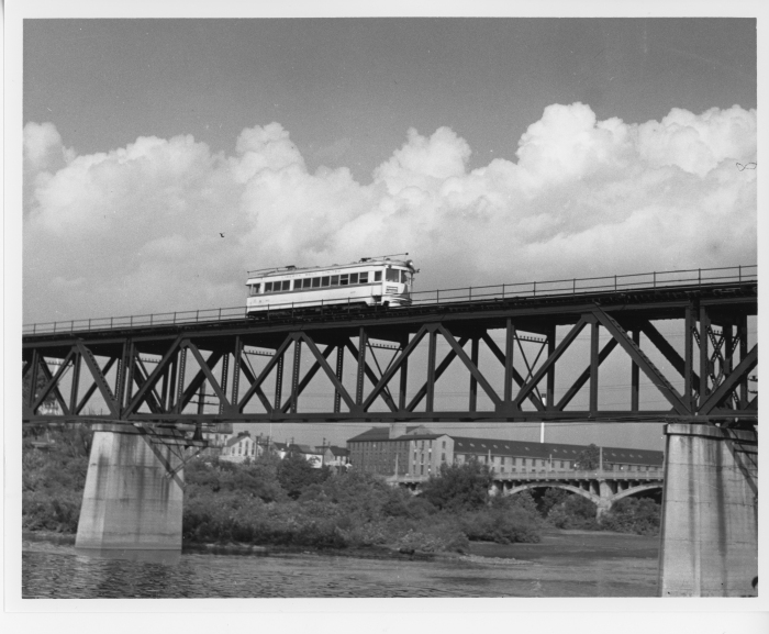 Lehigh Valley Transit southbound ex-C&LE lightweight crossing Schuykill River from Norristown to Bridgeport on the P&W around 1948. (David H. Cope photo)