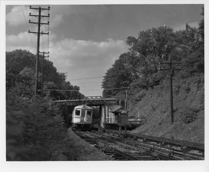 Lehigh Valley Transit southbound Liberty Bell Limited car 702 at County Line station of the P&W in 1947. (David H. Cope photo)