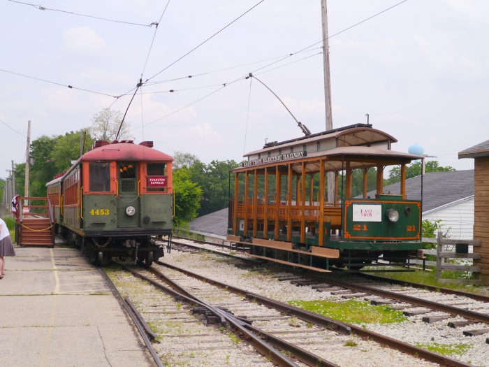 Chicago Rapid Transit cars 4453 and 4420, built in the early 1920s, with replica open car from 1975, at the East Troy depot. (Photo by David Sadowski)