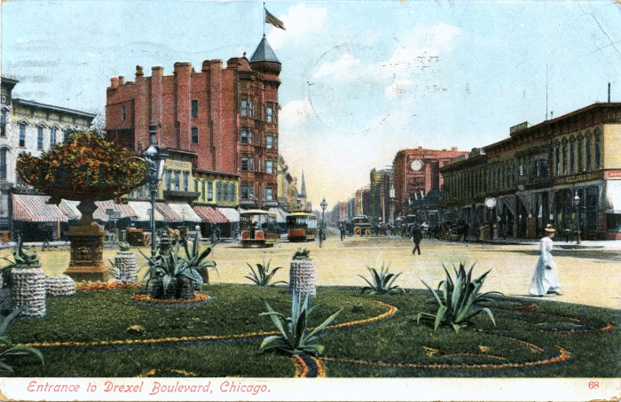 In this hand-tinted postcard, printed in Germany, we see a couple of Cottage Grove cable cars at center. Drexel Park Boulevard does not connect with Cottage Grove today, as it does here. According to Dennis McClendon, we are looking north at about 41st Street.