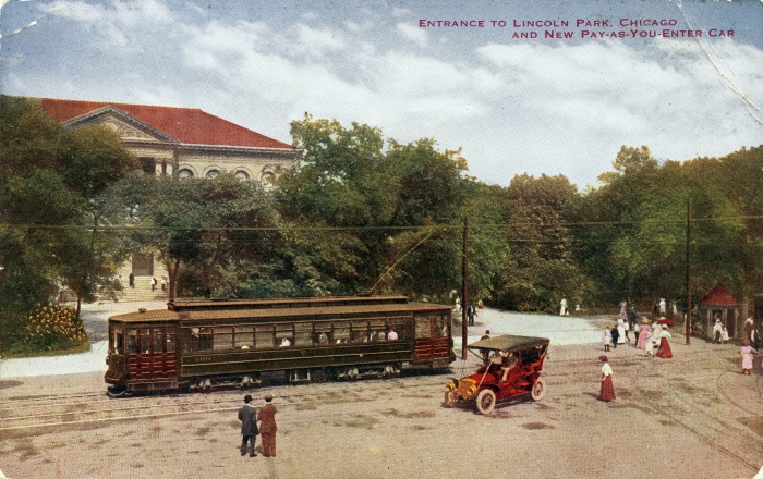 In this circa 1908 view, we see one of the Red Chicago Pullmans (I think the number is 400) before it was red. Streetcars had replaced the last Chicago cable cars just two years before. Until then, overhead wire was banned from the Loop because of concerns that it might start another Chicago Fire. That could be Jack Benny's old Maxwell at right.