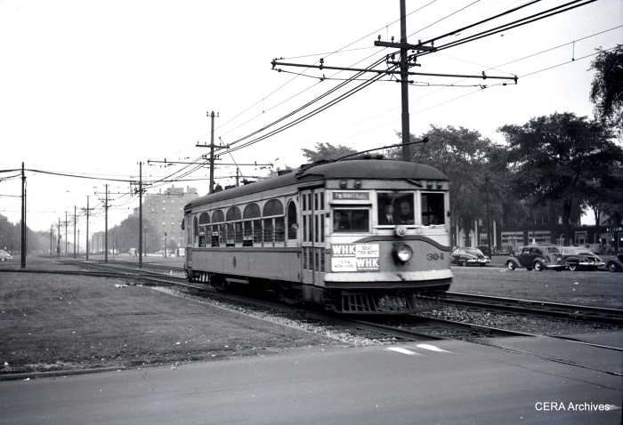 AE&FR car 304, now returned to Fox River, shown here circa 1950 in Cleveland Rapid service.