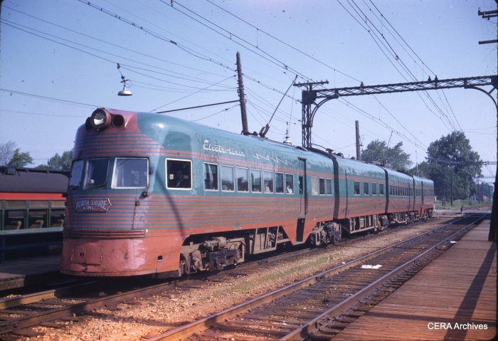 A CNS&M Electroliner in a Kodachrome "superslide" taken on May 26, 1959. (In this case, the photographer used size 828 roll film for an image slightly larger than 35mm.) Such streamlined cars once provided hi-speed rail service between Chicago and Milwaukee that would cost billions to replace today.